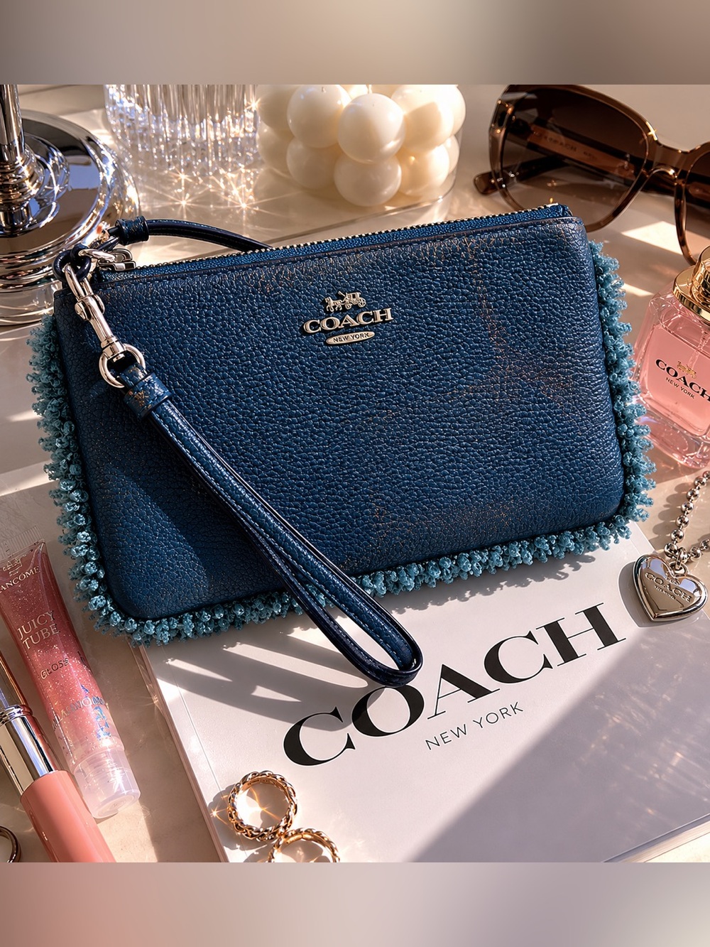 Coach Nolita Shearling Trim Wristlet Distressed Blue Pebbled Leather Y2K Boho